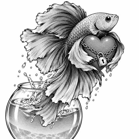 Ink style: a betta fish chaining up a heart