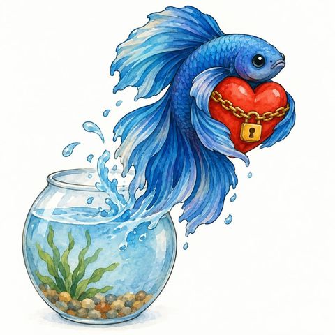 Storybook style: a betta fish chaining up a heart
